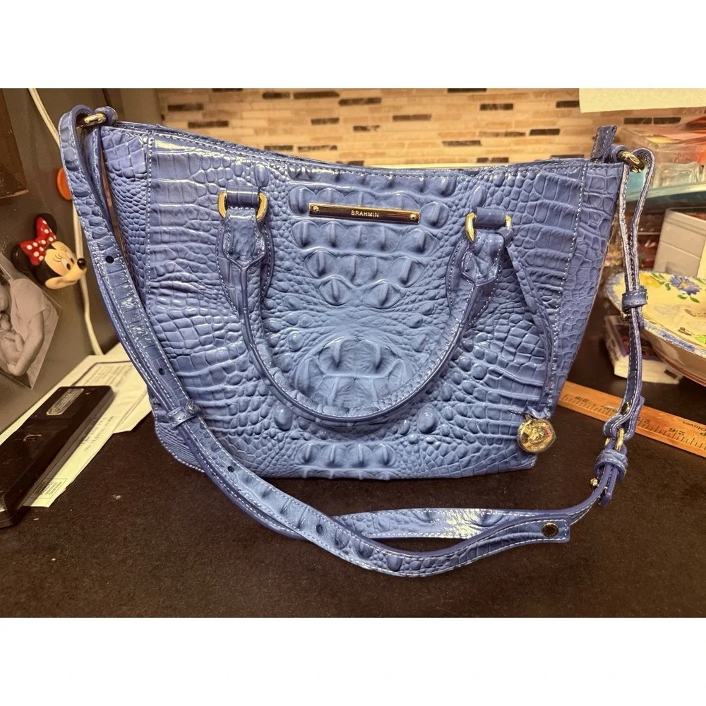 Brahmin Small Lena Satchel Croc Iris Blue Leather Shoulder Handbag Vtg Unused